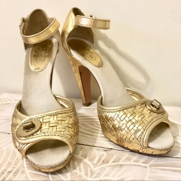 Coach Dianah Metallic Gold Cork Strap Pumps Heels - Picture 3 of 8